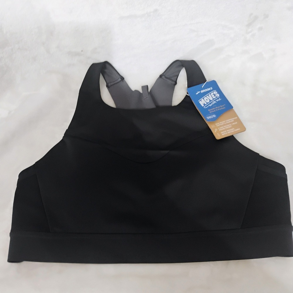 Brooks Drive 3 Pocket Run Bra Black High Neck Sports Bra 350080 36C/D NWT